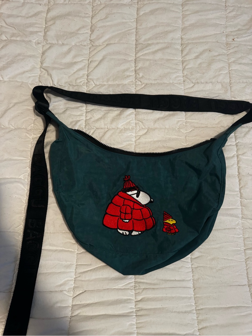 BAGGU Teal Crossbody Bag with Red Bear Patch